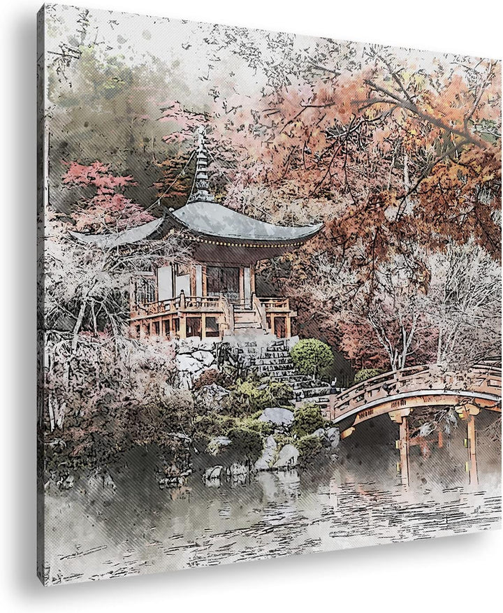 traditionell japanischer Garten Format: 70x70 als Leinwandbild, Motiv fertig gerahmt auf Echtholzrah