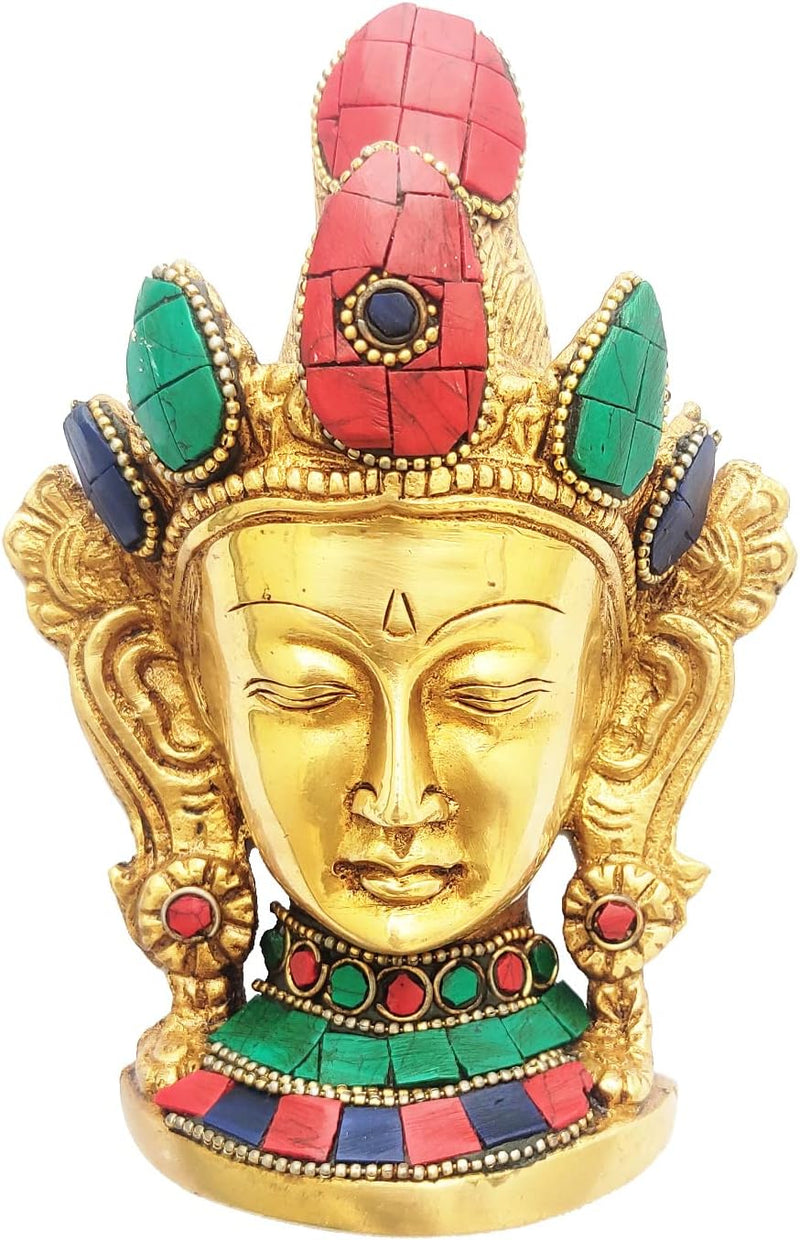 Purpledip Buddhist Goddess Tara Mask (Wall Hanging), Pure Brass with gemstone work (10649)