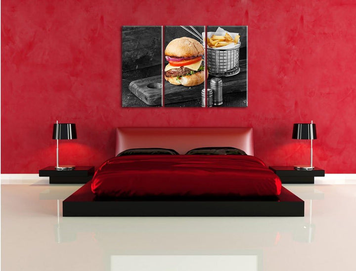 Pixxprint Cheesburger mit Pommes als Leinwandbild | Grösse: 3 Teilig (120x80) | Wandbild| Kunstdruck