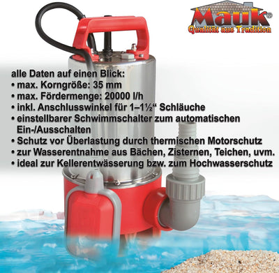 Mauk Hochwasserpumpe Hochwasserschutz Absaugpumpe Schmutzwassertauchpumpe Inox 1100 Watt 20.000 L/H