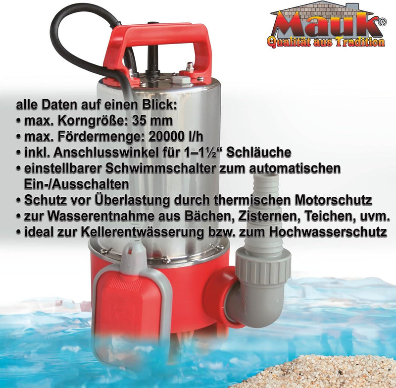 Mauk Hochwasserpumpe Hochwasserschutz Absaugpumpe Schmutzwassertauchpumpe Inox 1100 Watt 20.000 L/H