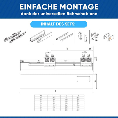GTV - Modern Box Schublade I L=450mm H=210 mm I Grau I Leises Schliessen I Belastung bis zu 40 kg I