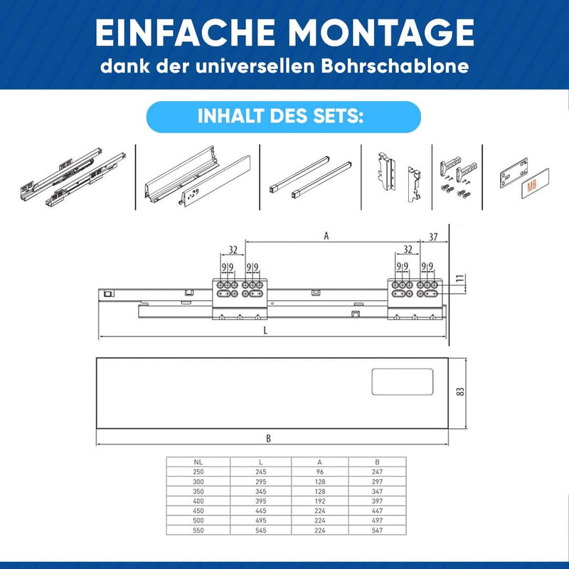 GTV - Modern Box Schublade I L=450mm H=210 mm I Grau I Leises Schliessen I Belastung bis zu 40 kg I