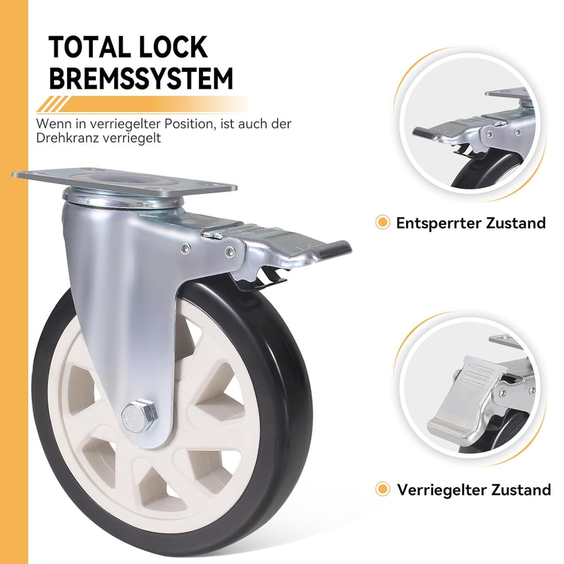 BAOLIHUI 4er Set Lenkrollen für Möbel 150MM Möbelrollen mit Bremse Schwerlastrollen 1000kg Schwerlas