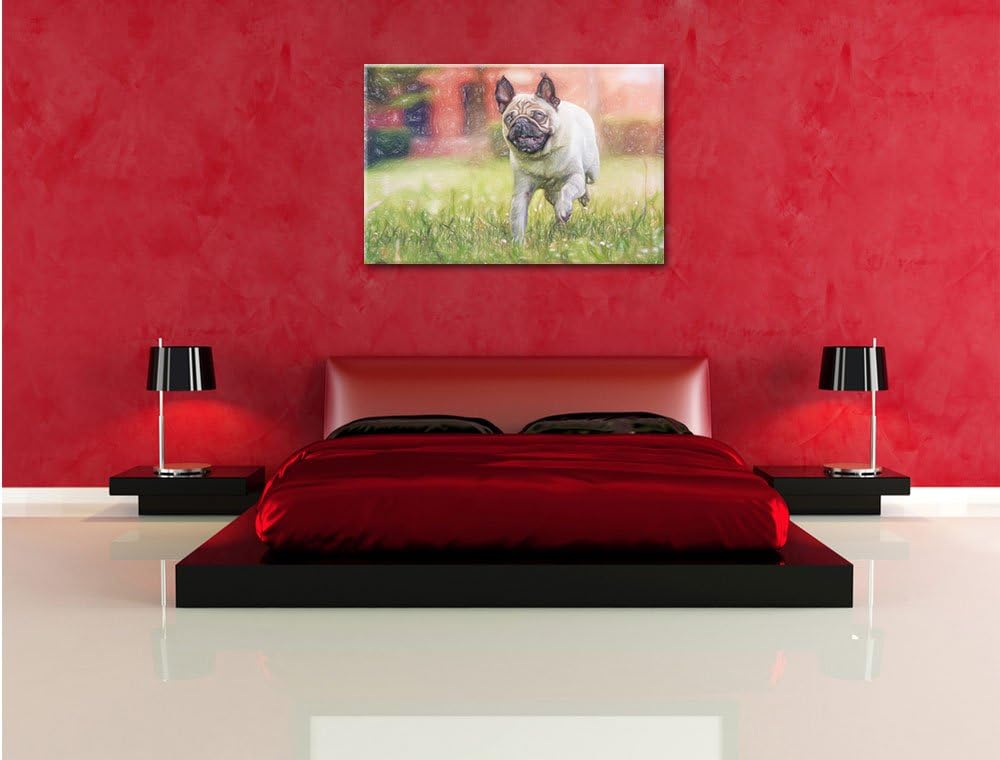 Pixxprint Rennender Mops als Leinwandbild/Grösse: 100x70 cm/Wandbild/Kunstdruck/fertig bespannt, 100