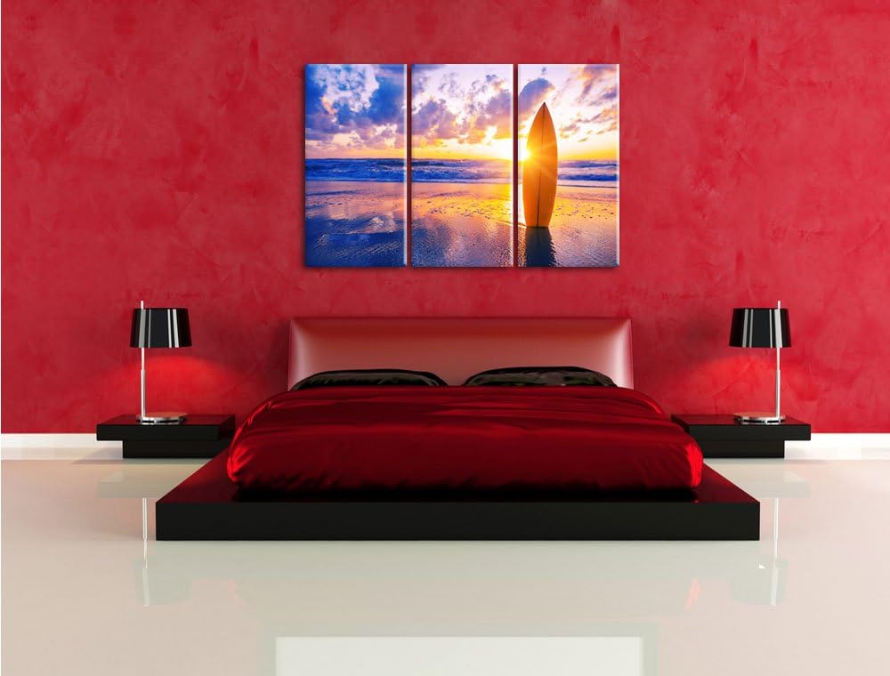 Pixxprint Surfbrett am Strand als Leinwandbild/Grösse: 3 Teilig (120x80 cm) cm/Wandbild/Kunstdruck/f