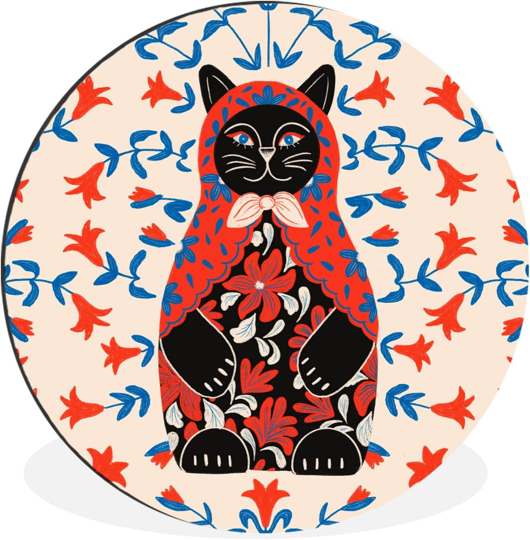 MuchoWow Wandbild Rund Wanddeko Deko Wohnzimmer Bilder 30x30 cm Matrjoschka - Blumen - Katze, 30x30
