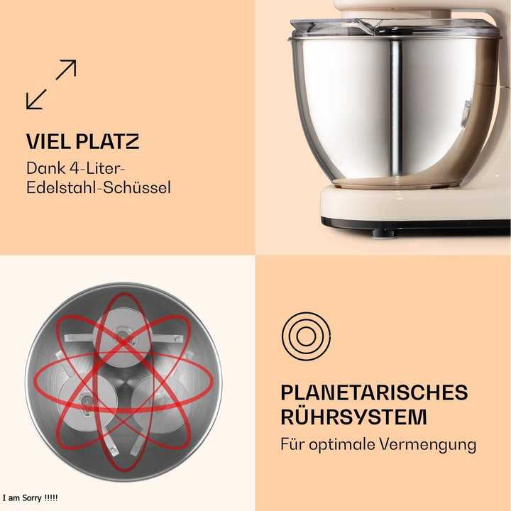 Klarstein Bella Küchenmaschine - Knetmaschine mit 6 Geschwindigkeitsstufen, Rührmaschne aus Edelstah
