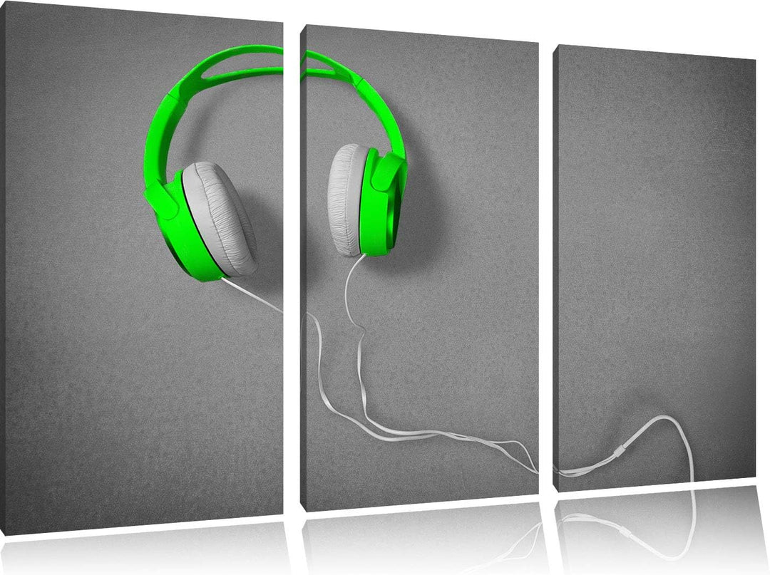 Pixxprint Coole grüne Kopfhörer als Leinwandbild | Grösse: 3 Teilig (120x80) | Wandbild| Kunstdruck