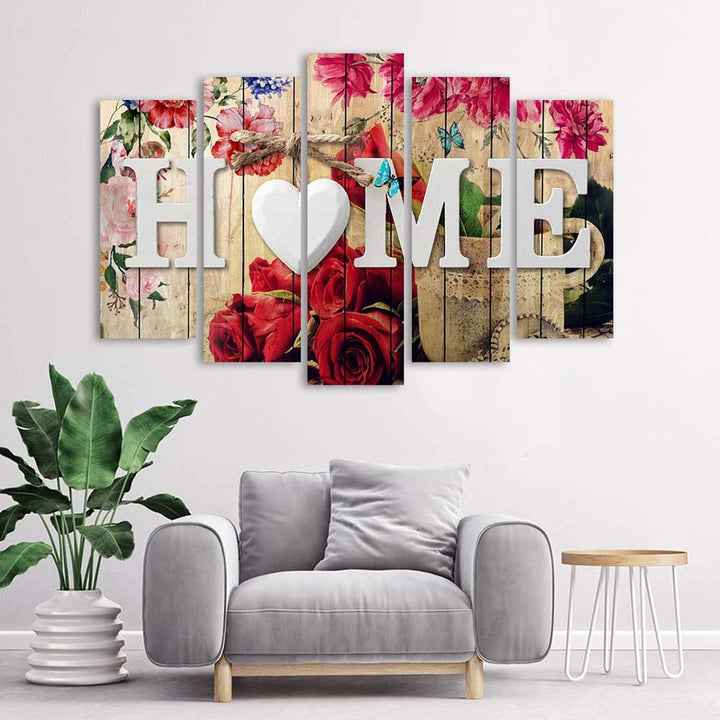 Wanddeko 5 Paneele Home 100x70 cm Deko Wand Kunst Wanddekoration Herz Schmetterlinge Blumen Rot Deko