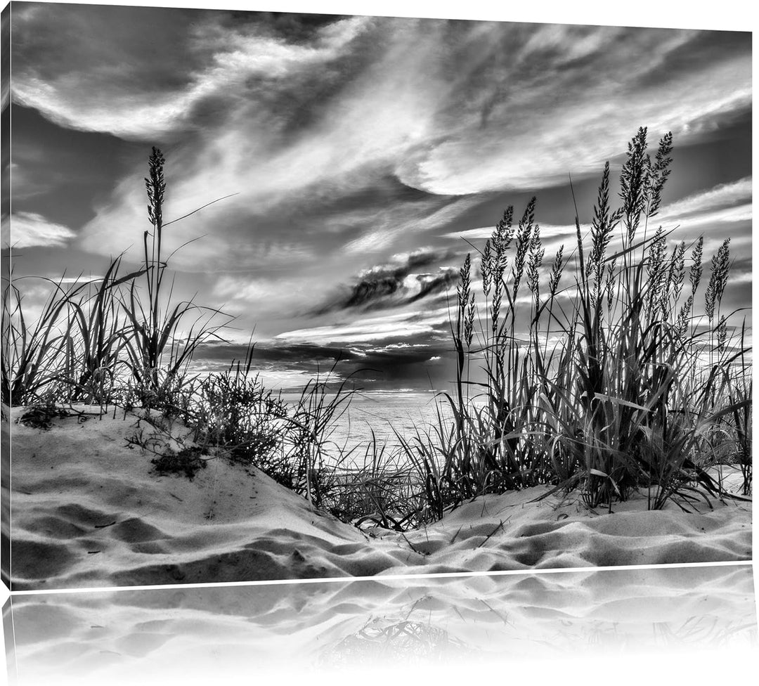 Pixxprint Gras am Strand bei Sonnenuntergang / 100x70cm Leinwandbild bespannt auf Holzrahmen/Wandbil