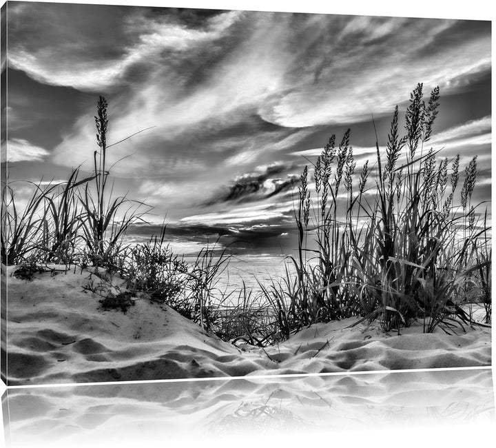 Pixxprint Gras am Strand bei Sonnenuntergang / 100x70cm Leinwandbild bespannt auf Holzrahmen/Wandbil