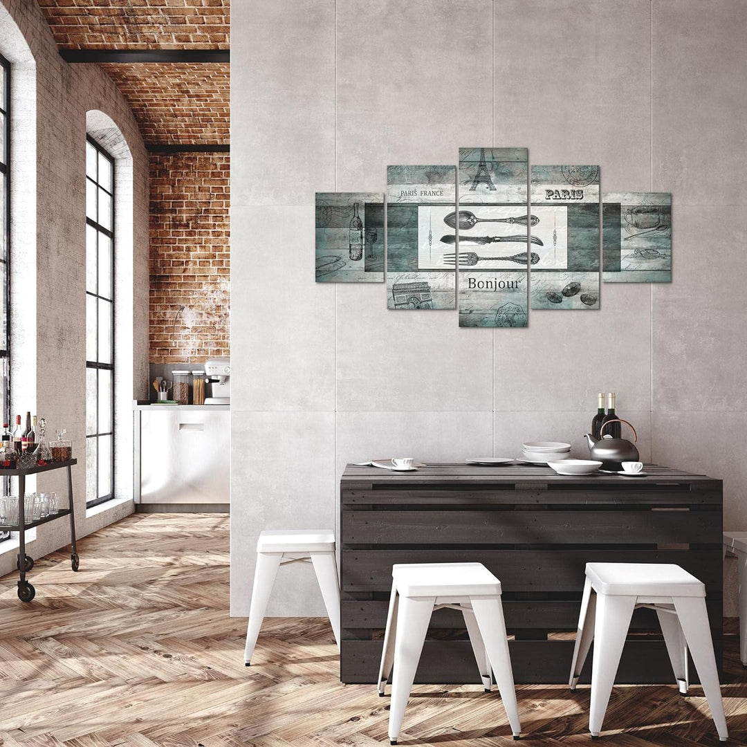 Runa Art Bild Esszimmer Küchenbilder Küche Holz 5 Teilig Vintage Besteck Türkis Wandbilder auf Vlies