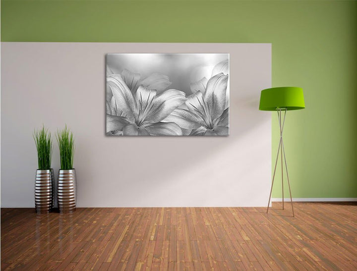 türkise Lilien Kunst B&W, Format: 100x70 auf Leinwand, XXL riesige Bilder fertig gerahmt mit Keilrah