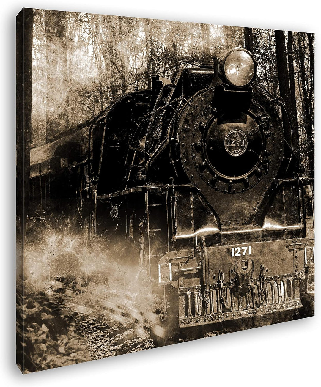 deyoli gewaltige Lokomotive im Wald im Format: 70x70 Effekt: Sepia als Leinwandbild, Motiv auf Echth