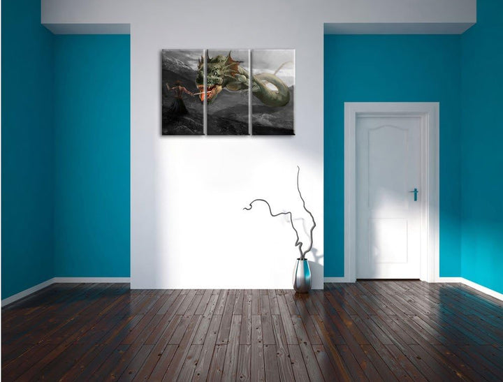 Pixxprint Drache kämpft gegen Krieger als Leinwandbild/Grösse: 3 Teilig (120x80) cm/Wandbild/Kunstdr