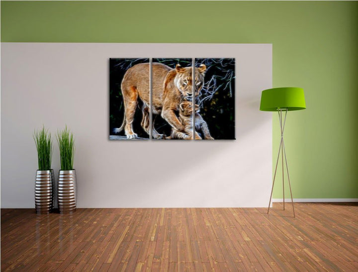 Dark Löwin spielt mit Jungtier Spezial 3-Teiler Leinwandbild 120x80 Bild auf Leinwand, XXL riesige B