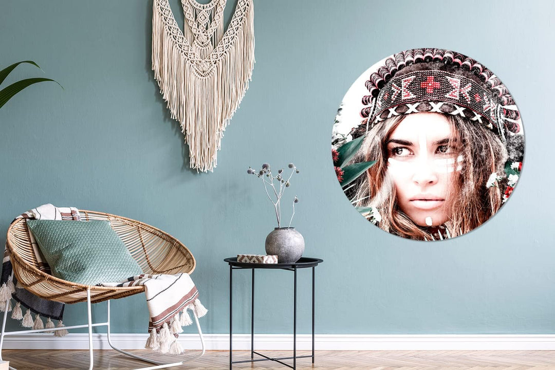 MuchoWow Wandbild Rund Wanddeko Deko Wohnzimmer Bilder 90x90 cm Frau - Blumen - Indischer Kopfschmuc