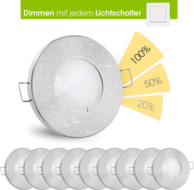 linovum 10 Stück fourSTEP Einbauleuchte LED Bad flach dimmen ohne Dimmer - LED GU10 5W warmweiss 230