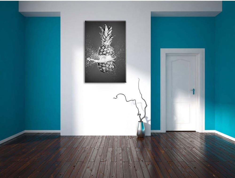 Pixxprint Ananas mit Wasser bespritzt Kunst B&W, Format: 100x70 auf Leinwand, 100x70