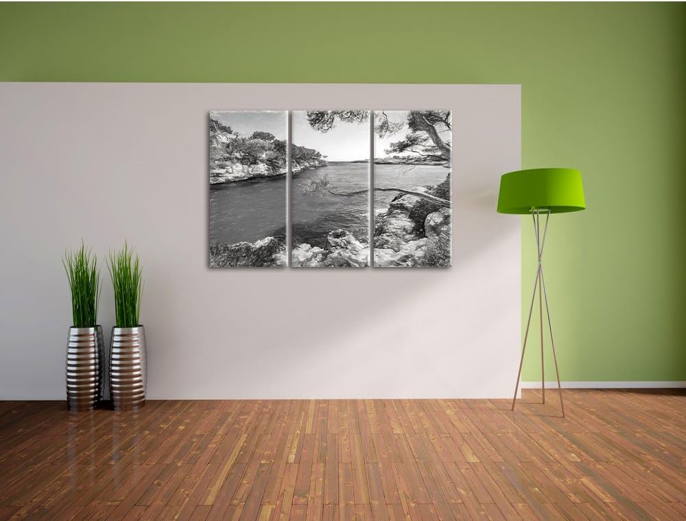 Pixxprint Idyllische Ansicht des Mittelmeers am Mallorca Bay Cove Kunst Kohle Effekt 3-Teiler Leinwa