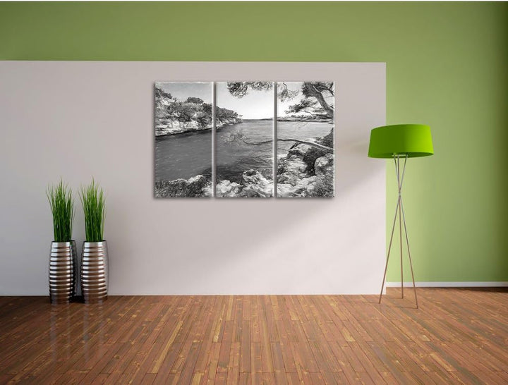 Pixxprint Idyllische Ansicht des Mittelmeers am Mallorca Bay Cove Kunst Kohle Effekt 3-Teiler Leinwa