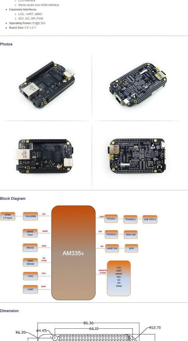 Waveshare BeagleBone Black Rev C 1GHz ARM Cortex-A8 512MB DDR3 4GB 8bit eMMC Board Mini PC Developme