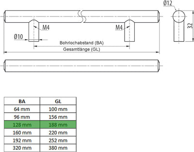 100 x SO-TECH® Stangengriffe mit Ø 12 mm Edelstahlrohr/BA 128 mm Möbelgriffe Relinggriffe 100 x BA 1