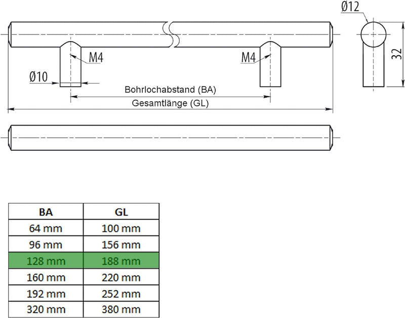 100 x SO-TECH® Stangengriffe mit Ø 12 mm Edelstahlrohr/BA 128 mm Möbelgriffe Relinggriffe 100 x BA 1