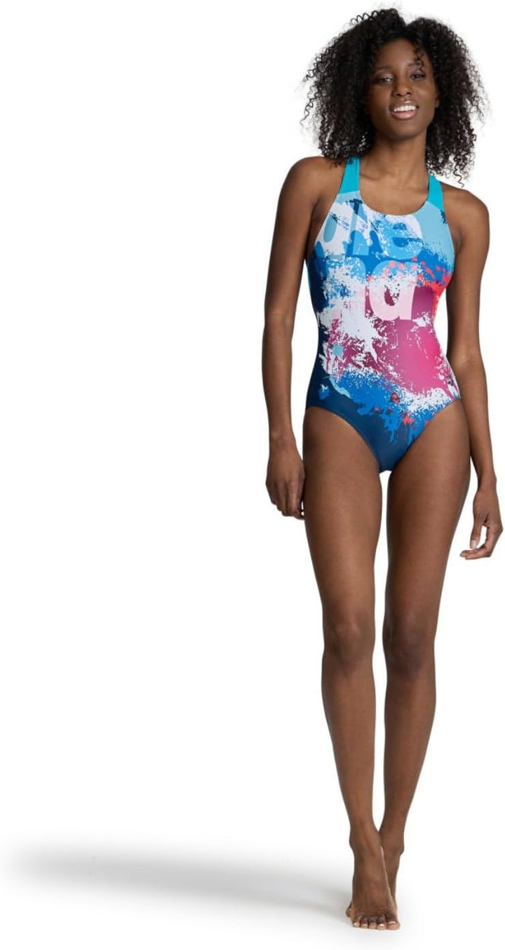ARENA Damen Women's Waves Breaking Swimsuit V Back One Piece Swimsuit (1er Pack) 38 Navy Multi-navy-