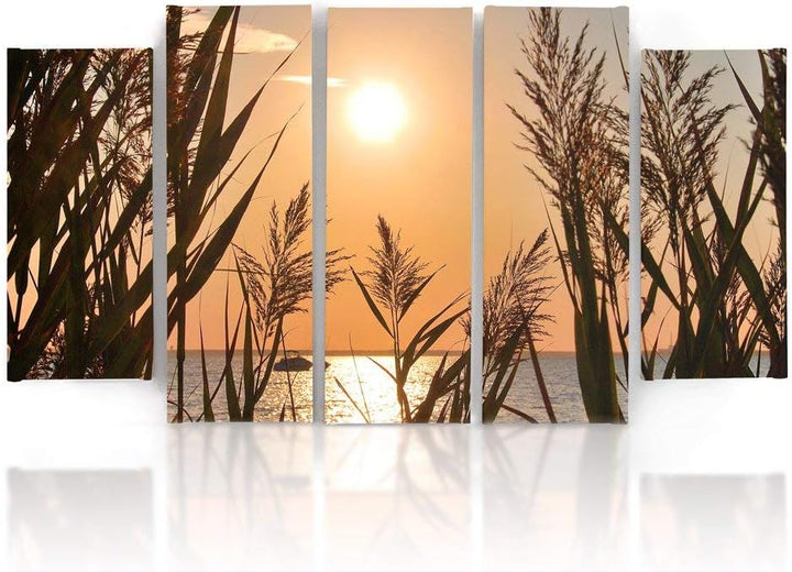 Feeby Frames, Leinwandbild Bilder Wand Bild - 5 Teile - Wandbilder Kunstdruck (SONNENUNTERGANG, GOLD