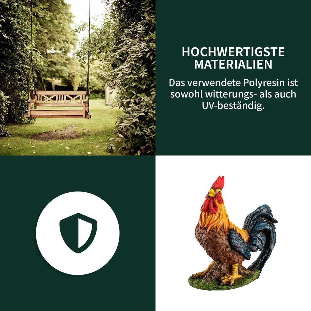 VERDOBA Garten Figur Hahn aus Kunstharz, handbemalt - Krähender Hahn Dekofiguren Garten Deko Gartenf