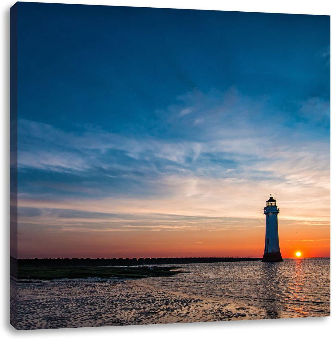 Pixxprint einsamer Leuchtturm im Sonnenuntergang, Format: 70x70 auf Leinwand, 70x70