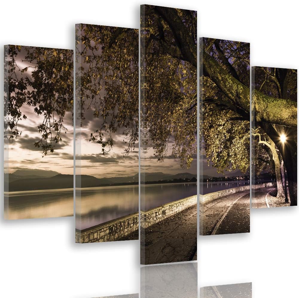 Feeby Bild auf Leinwand Landschaft 5 Teilig Modern Weg Bäume See Abend bunt 150x100 cm Leinwandbild