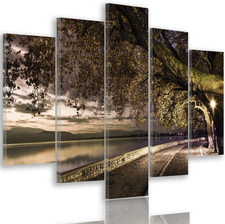 Feeby Bild auf Leinwand Landschaft 5 Teilig Modern Weg Bäume See Abend bunt 150x100 cm Leinwandbild