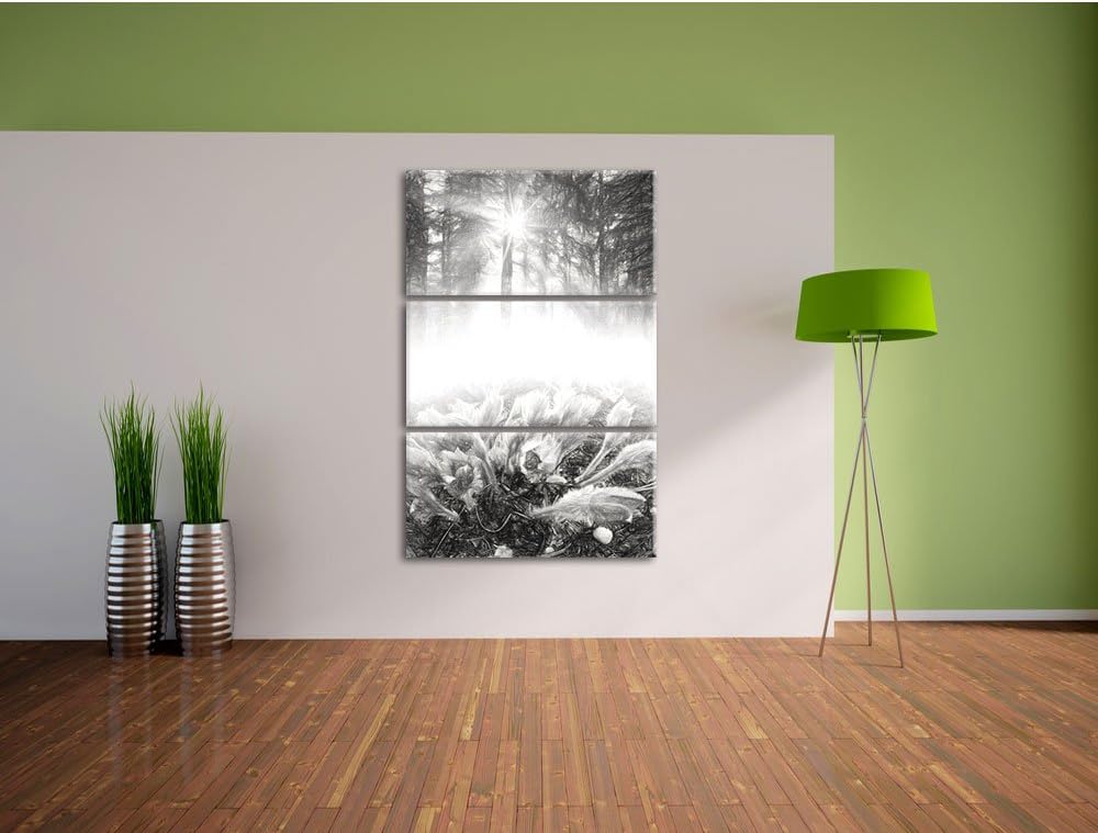 Pixxprint blühende lila Blumen im Wald Kunst Kohle Effekt 3-Teiler Leinwandbild 120x80 Bild auf Lein