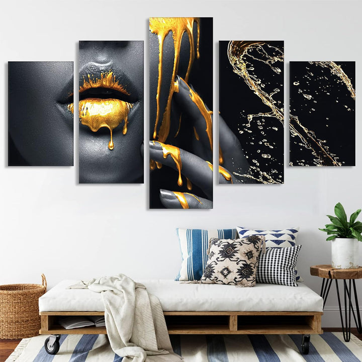 Sexy Lippen Leinwandbild 5 Teilig Wanddeko Bilder,Schwarz Gold Frauen Lippen Leinwand Malerei,Modern