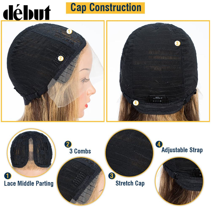 DÉBUT Glatte Bob Perücke, Echthaar, T-Teil, Spitzenfront, Bob-Perücke, vorgezupft, mit Babyhaar, 150