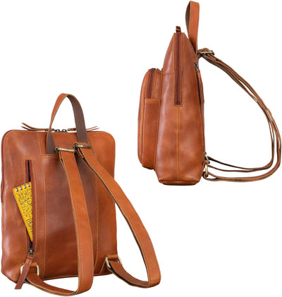 ROYALZ 'Carolina' Moderner Rucksack Damen klein Cityrucksack im Vintage Look - flacher Echtleder Led