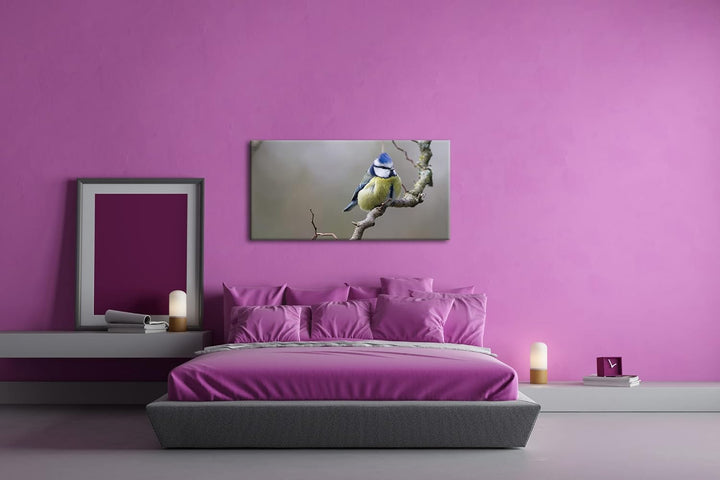 Kleiner Dicker Vogel Panorama 120x60 cm als Leinwandbild, Motiv fertig gerahmt auf Echtholzrahmen, H