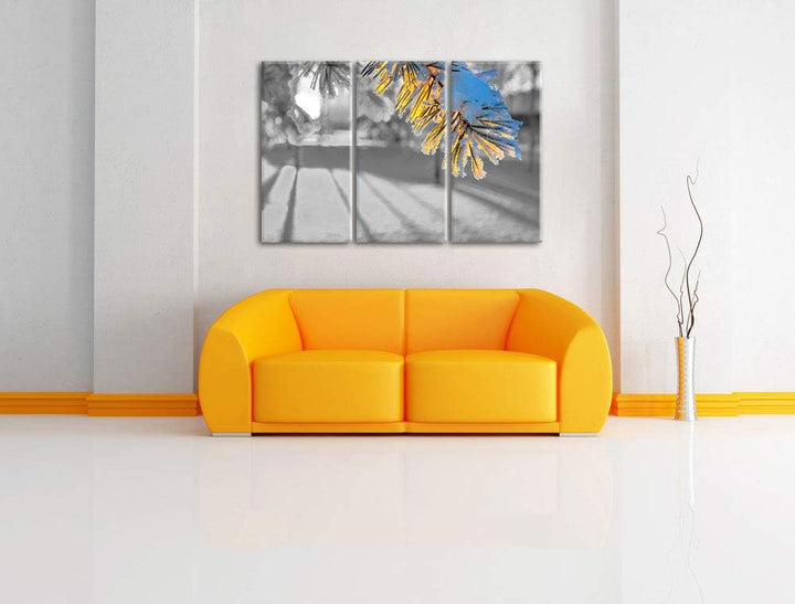 Tannenzweig im Winterwald schwarz/weiss 3-Teiler Leinwandbild 120x80 Bild auf Leinwand, XXL riesige