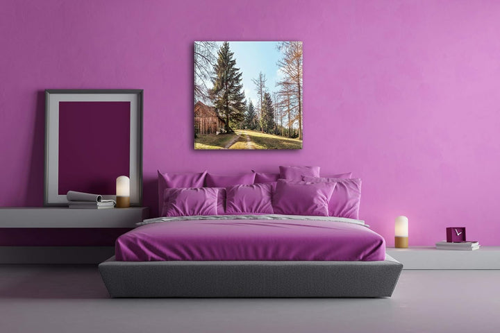 deyoli Alte Holzhütte im Wald Format: 70x70 als Leinwandbild, Motiv fertig gerahmt auf Echtholzrahme