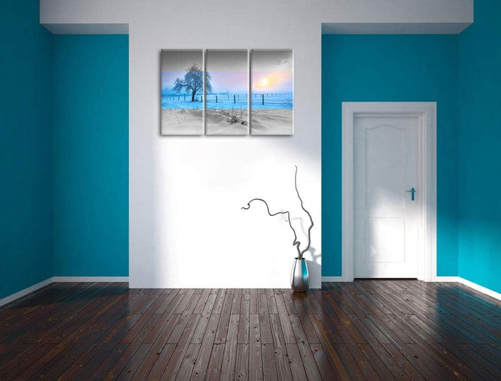 Einsamer Baum in Winterlandschaft schwarz/weiss 3-Teiler Leinwandbild 120x80 Bild auf Leinwand, XXL
