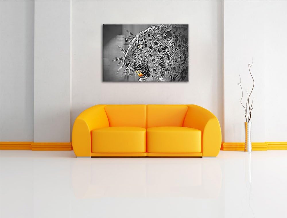 brüllender Leopard schwarz/weiss Deluxe Format: 100x70 cm auf Leinwand, XXL riesige Bilder fertig ge