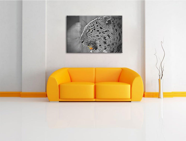 brüllender Leopard schwarz/weiss Deluxe Format: 100x70 cm auf Leinwand, XXL riesige Bilder fertig ge