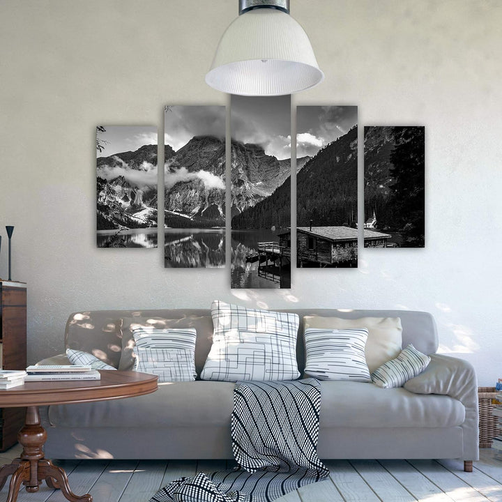 Feeby Bilder Berge 200x100 cm - Leinwandbild 5 Teilig XXL Kunstdruck Hütte See schwarz Leinwandbild