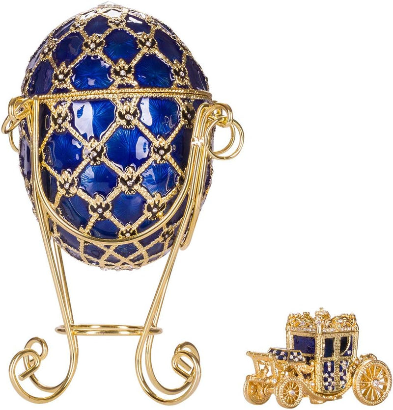 Fabergé-Stil Krönungs Ei/Schmuckkästchen mit Kutsche 19 cm blau