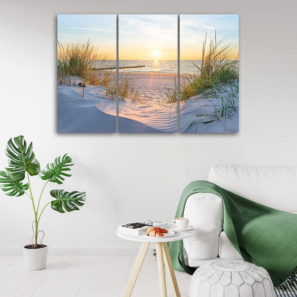Feeby 3-teilig Leinwandbild XXL 120x80 cm Himmel Strand Meer Wellen Wandbild Kunst Bilder Schlafzimm