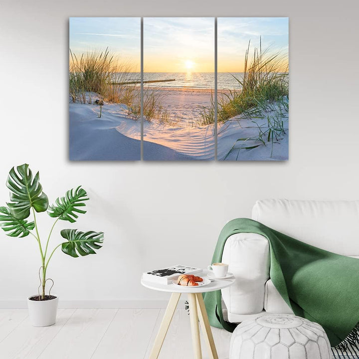Feeby 3-teilig Leinwandbild XXL 120x80 cm Himmel Strand Meer Wellen Wandbild Kunst Bilder Schlafzimm