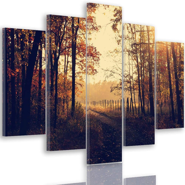 Bild auf Leinwand Landschaft 5 Teilig Modern Wald Weg Herbst orange 150x100 cm Leinwandbild 150x100